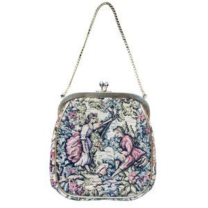 Vintage JR Miami Petite Point Tapestry Clutch Evening Bag Chain Handle 1950